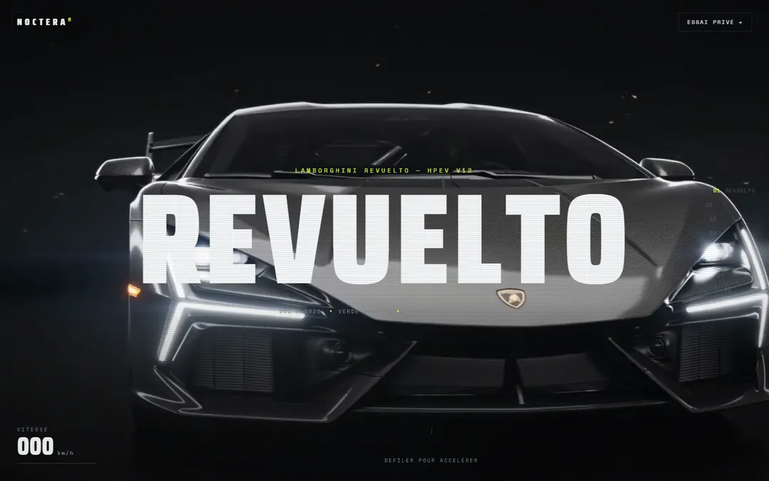 Page d'accueil du site Noctera : une Lamborghini Revuelto photographiée de face dans l'obscurité, avec un compteur de vitesse en surimpression.